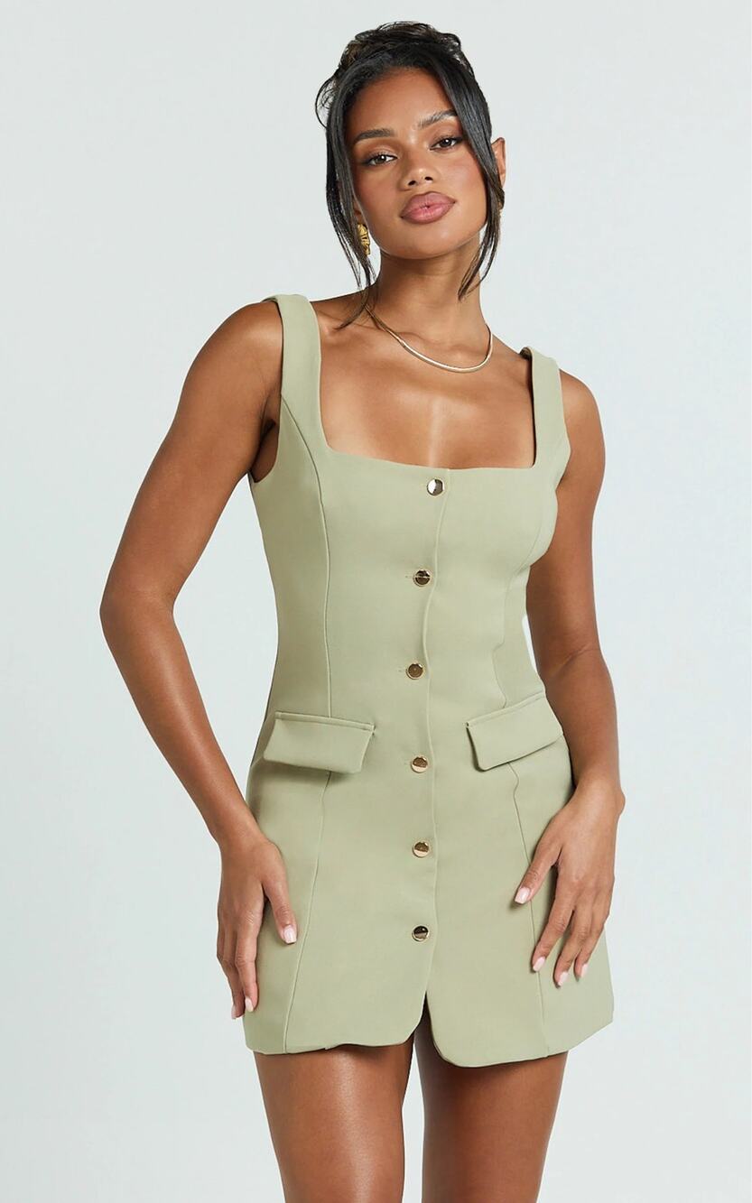 NWT Showpo Kenna Mini Dress Sage Square Neck Gold Button Size US 8